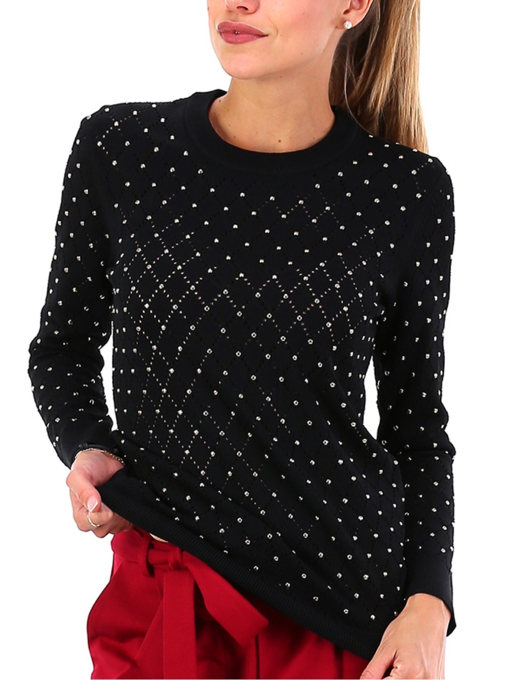 Michael Michael KORS Argyle Studded Stretch Crewneck Sweater Black